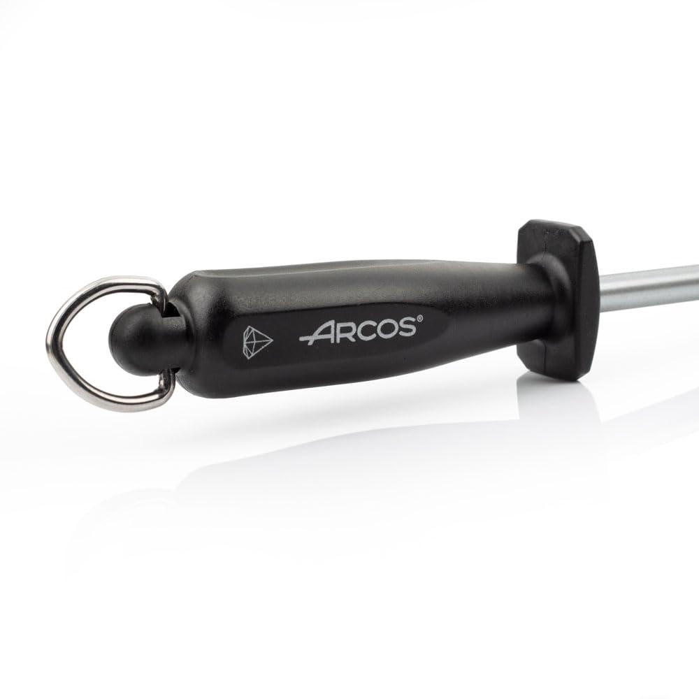 ARCOS Chaira 230mm Afilador Manual de Cuchillos de Acero al Carbono y Diamante. Afilador Profesional con Mango Ergonómico de Polipropileno. Diestros y Zurdos. Color Negro