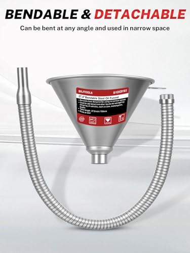 BILITOOLS 26.2\" Steel Flexible Oil Funnel with Filter for Automotive Use, Metal Bendable Spout Funnel for Oil Fluids Change, Long Funnels for Transmission Fluid