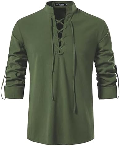 LUYANA Herren Mittelalter Wikinger Hemden Langarm Leinenhemd | Herren-Kostüm mit Schnürung, Mittelalterliches Schottisch Jacobit Shirt, Stehkragen Freizeithemd Vintage Schnürhemd