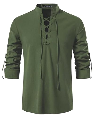 LUYANA Leinenhemd Herren Langarm Freizeithemd Ghillie Kilt Shirt Armeegrün L LUYANA Leinenhemd Herren Langarm Freizeithemd Ghillie Kilt Shirt Armeegrün L