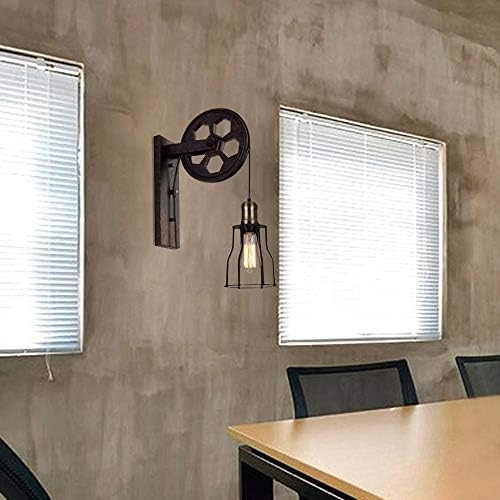 RUNNUP Vintage Lighting Lift Pulley Wall Sconce Lighting with Cage Light Shade Retro Industrial Creative Wall Sconce Lamp for Restaurant, Bedroom, Hallway Black