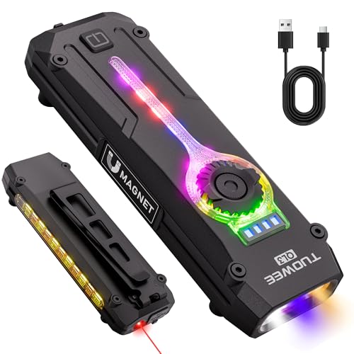 Image of TUOWEE U V Flat EDC Flashlight Rechargeable 1200 High Lumens with RGB,Magnetic Base Small Flashlights with Dual Switch,Stepless Dimming,USB-C Waterproof USB C Flash Light for Work,Home,Emergencies