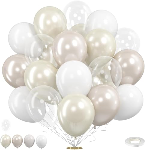 50 Pièces Ballons Anniversaire, 12 Pouces Ballon Latex Blancs Nacrés, Ballon Transparent Blanc, Ballons Helium pour Baby Shower, Mariages, Anniversaire,...