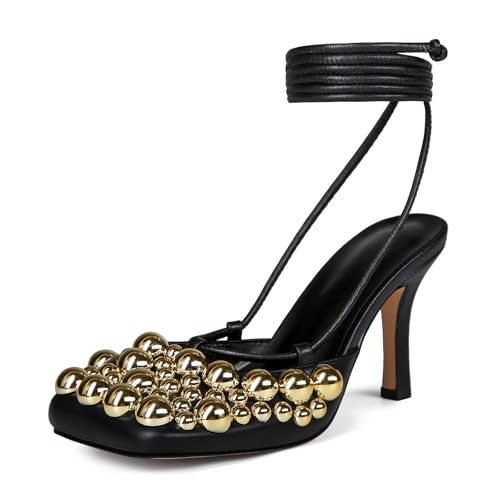 Image of Saint Leia Women's 4IN High Heel Sandals Nude Stiletto Pumps with Gold Silver Pearls Heels for Weddings Parties and Evening Wear