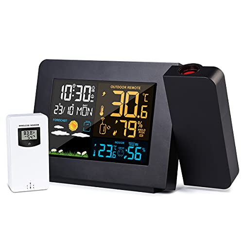 Projection Alarm Clock with Weather Station, Indoor Outdoor Thermometer Hygrometer Barometer