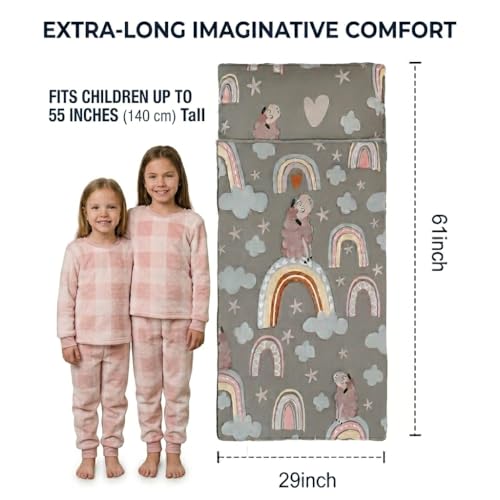 Image of Kids Sleeping Bag - 61 inch Extra-Long Slumber Bag with Detachable Pillow - All Seasons for Older Children & Girls - Large Portable Indoor Bedding for Home, Travel & Naps