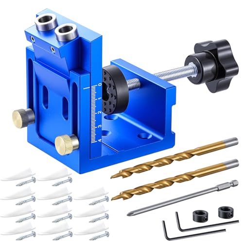 Image of Pocket Hole Jig, Metal Pocket Screw Jig Kit, Accurate 15 Degree Angled Screw Jig with Adjustable Drill Guides, Woodworking Angle Joint Locator Tool with Drill Bit and Plugs for Carpentry Projects