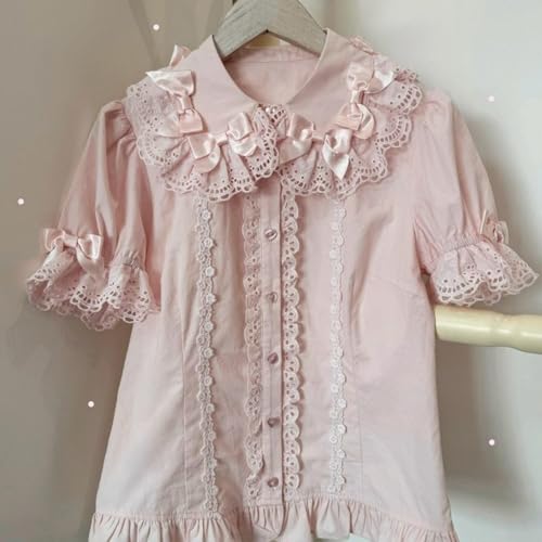 Lolita Shirts Kawaii Cute Clothes Blouse Lace Short Jirai Kei Fashion Puff Sleeve Shirt Ruffle Top Bow Cutecore4