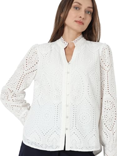 Image of VERO Moda Women's Cotton Mandarin Collar Solid Regular Fit Shirt | Schiffli Design Shirt for Women