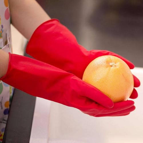 Image of Natural Rubber Household Gloves - Reusable & Waterproof for Cleaning, Dishwashing, Kitchen & Bathroom Use - Comfortable Fit with Non-Slip Grip - Durable & Long-Lasting (Red, 1 Pair)