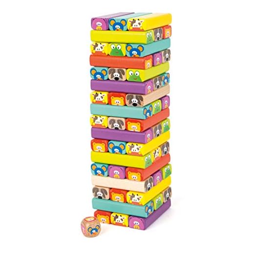 Small Foot 11973 Torre de Bloques Infantil de Madera, 52 piezas de juego con caras divertidas de animales