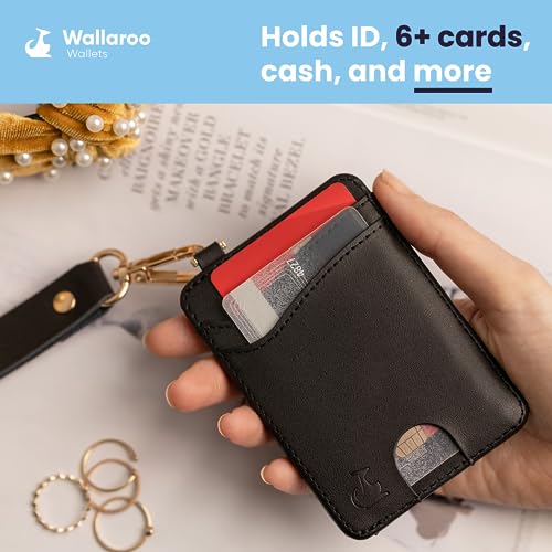 Image of Wallaroo Wallets Premium Leather Women's Wristlet Wallet Slim Card Holder for Credit Cards, ID, and Cash - Minimalist Slim Style with Non-Slip Lining and Wrist Strap (Black)
