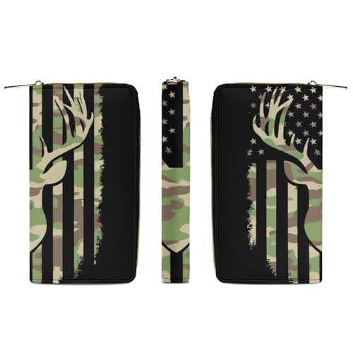 Women's Cute Decor Wallet, Long PU Zipper Wallet, Travel Purse Fashion Design, Huge Storage Capacity Purse Camouflage American Flag Hunting Deer Camo3
