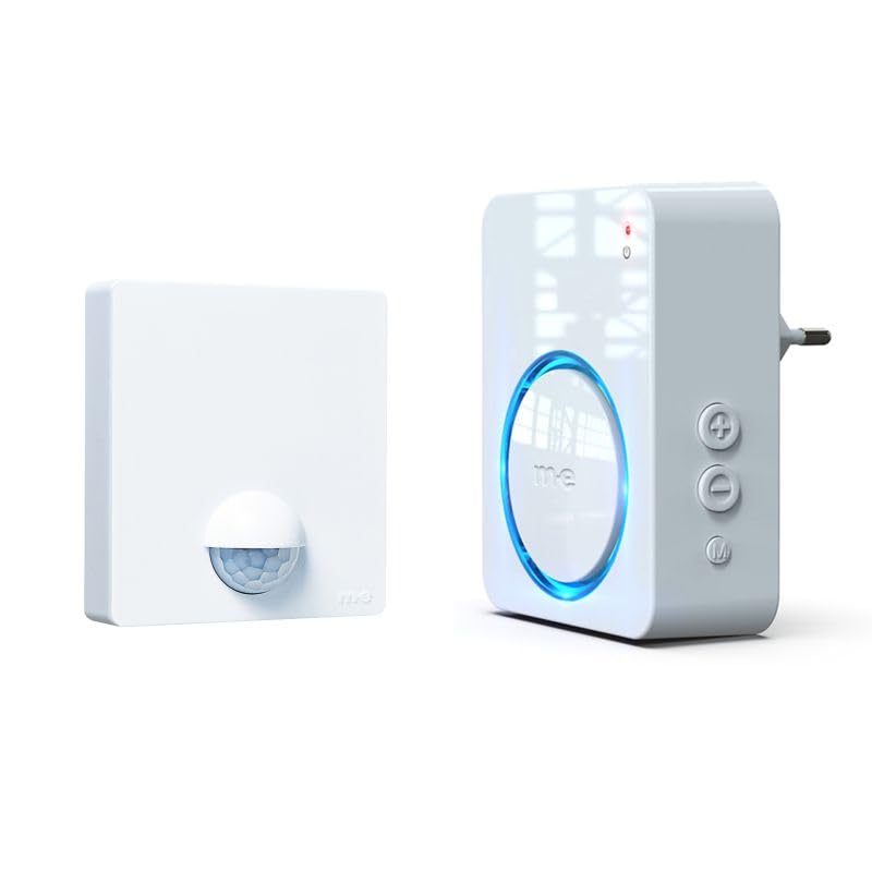 m-e Funk-Bewegungsmelder BELL-8020 | für Außen und Innenbereich | Klingel/Alarmton bei Auslösung | Set mit Netzstromempfänger | 300 M Reichweite | Durchgangsmelder für Garten, Auffahrten