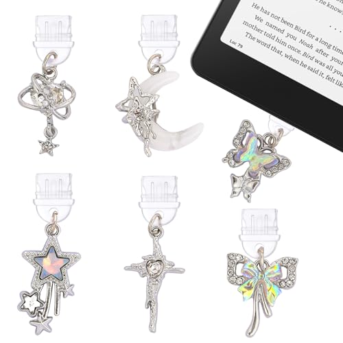 TAKEALOOKO 6 Pcs Star Moon Dust Plug Charms - Silver Y2K Butterfly Aesthetic Pendant Compatible with Kindle & Phone, Type C Anti-Dust Plugs Accessories for Kindle E-Readers