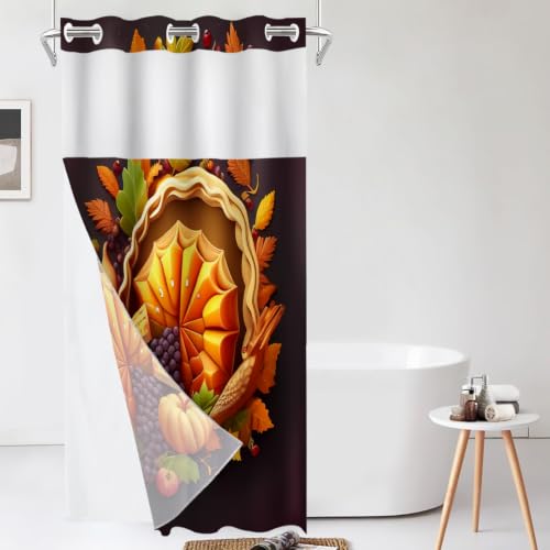 Shrahala Happy Thanksgiving Day Shower Curtain with Snap in Liner Set, Basket with Fruits Vegetables No Hooks Stall Curtain Waterproof for Bathtubs Magnetic Hem 35.5 X 74 in
