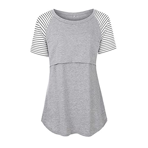Cotton Maternity Nursing Tops Short Sleeve Breastfeeding Clothes Shirt Stripe Round Neck Blouse With Pocket, Gray #TOP13