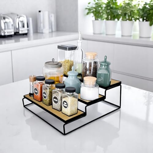 Go Hooked 3-Tier Wood-Finish Spice Rack Organizer for Kitchen 31x...