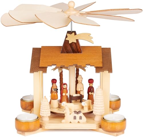 BRUBAKER Pyramide de Noël en bois - Crèche avec Jésus, Marie, Joseph et étoile de Bethléem - Pyramide de Noël en bois de 28 cm - Pyramide de table pour 4 bougies chauffe-plat - Peinte à la main