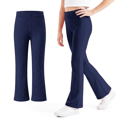 Image of Domueay Girls Flared Leggings High Waisted Stretchy Cotton Trousers Kids Breathable Soft Bell Bottom Pants Casual Sports Dance Athletic Legging Activewear for 11-12 Years, Navy Blue