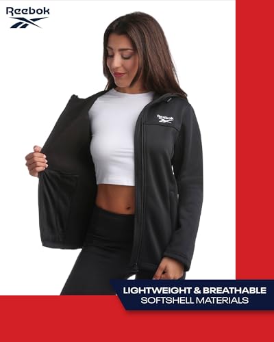 Reebok Jaqueta feminina - Jaqueta softshell de tecido à prova de vento com capuz para corrida, camin