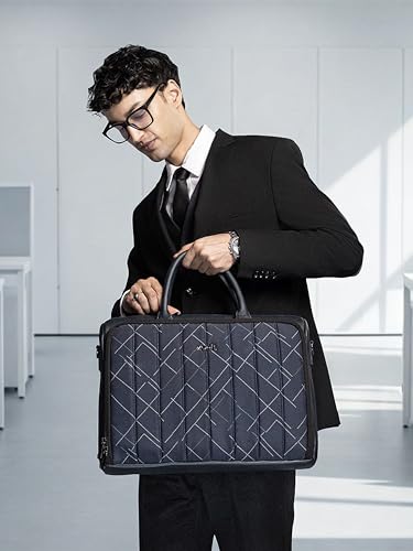 Image of ZOUK Blue Pro Laptop Bag for Men | Vegan Leather Office & Travel Bag with Quilted Design, 15.6-Inch Laptop Compartment, Trolley Sleeve & Shoulder Strap |