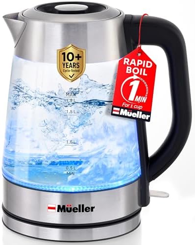 Mueller Rapid Boil Electric Tea Kettle 1.8L – Borosilicate Glass & Stainless Steel – BPA-Free Hot Water Boiler, LED Light, Auto Shut-Off, Boil Dry Protection Fast Water Heater – Kitchen Appliances