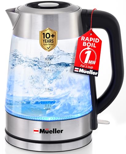 Comparison: Best Kettle For Hard Water 8 Mueller Rapid Boil Electric Kettle 1.8L – Borosilicate Glass & Stainless Steel – BPA-Free Tea Kettle, LED Light, Auto Shut-Off, Boil Dry Protection Water Heater – Fast Heating, Kitchen Appliances