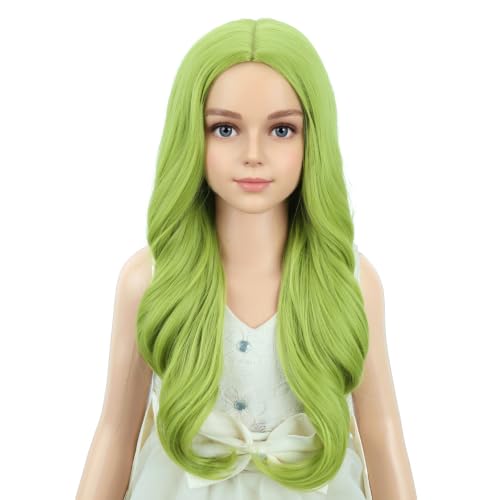 Image of PATTNIUM Kids Olive Green Wig Long Wavy Green Wig Matcha Green Wigs Middle Part Synthetic Wigs