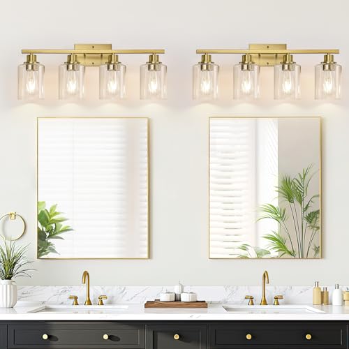 Image of MOKATNG 4-Light Bathroom Light Fixtures, Vanity Light with Clear Glass Shades, Brushed Gold Bathroom Light Fixtures Over Mirror, Modern Bathroom Wall Lamp for Mirror Living Room Cabinet Bedroom
