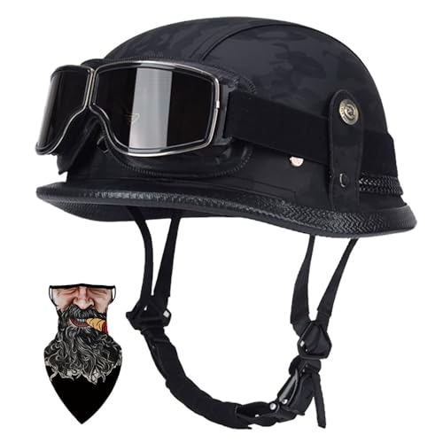 Motorcycle Half Helmet,Motorcycle German Leather Half Face Helmet, DOT/ECE Approved Cap Half Shell Helmet+Goggles Retro Open-Face Helmet with Adjustable Quick Release Buckle