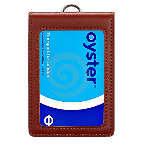 Hibate Genuine Leather Oyster Card Holder Bus Travel Pass Holders - Brown