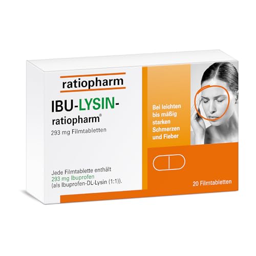 IBU-LYSIN-ratiopharm 293 mg: hilft schnell bei Schmerzen und hemmt die Entzündung. Schmerzmittel mit dem Wirkstoff Ibuprofen-Lysin, 20 Filmtabletten IBU-LYSIN-ratiopharm 293 mg: hilft schnell bei Schmerzen und hemmt die Entzündung. Schmerzmittel mit dem Wirkstoff Ibuprofen-Lysin, 20 Filmtabletten