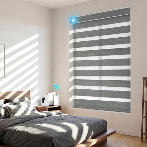BERISSA Motorized Zebra Blinds with Remote,Smart Zebra Blinds for Indoor Windows with Voice,APP Control,Linen Rechargeable Electric Window Shades for Home,Office,BW-Grey,Custom Size