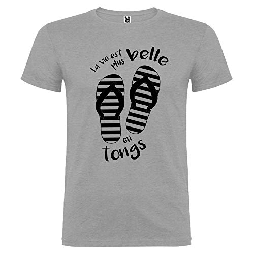 T-Shirt Homme La Vie est Plus Belle en Tongs imprimé humoristique couleur gris
