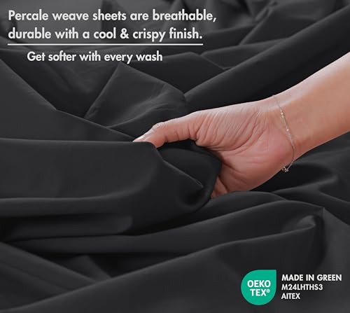 Image of RUVANTI 100% Cotton Percale Sheets Split King Size - Crisp Cooling Bed Sheets for Hot Sleepers, Deep Pocket 16 inch, Soft Breathable & Durable Hotel-Style 5 Piece Set, Jet Black