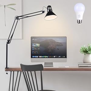 Swing Arm Desk Lamp for Home Office 360°Adjustable,Tall Metal Clamp on lamp with Bulb,Eye-Caring Clip on Desk Light for Computer Work Study Reading and Drafting