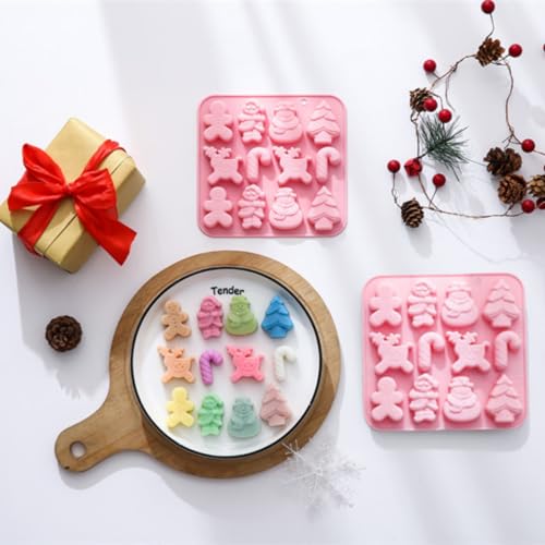 PTaizjjz Christmas Silicone Mould,Xmas Chocolate Mould 12 Cavities Gingerbread Man Christmas Tree Candy Cane Snowman Santa Claus Elk Shapes Soap Moulds for Xmas Party Cake Decoration - Image 4