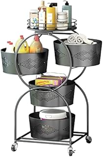 Pumpumly Rotating Kitchen Storage Shelf Rack 4-Layer Round Metal Baskets for Fruit Vegetable Organizing Plant Stand for Kitchen,Bathroom,Living Room (Black)