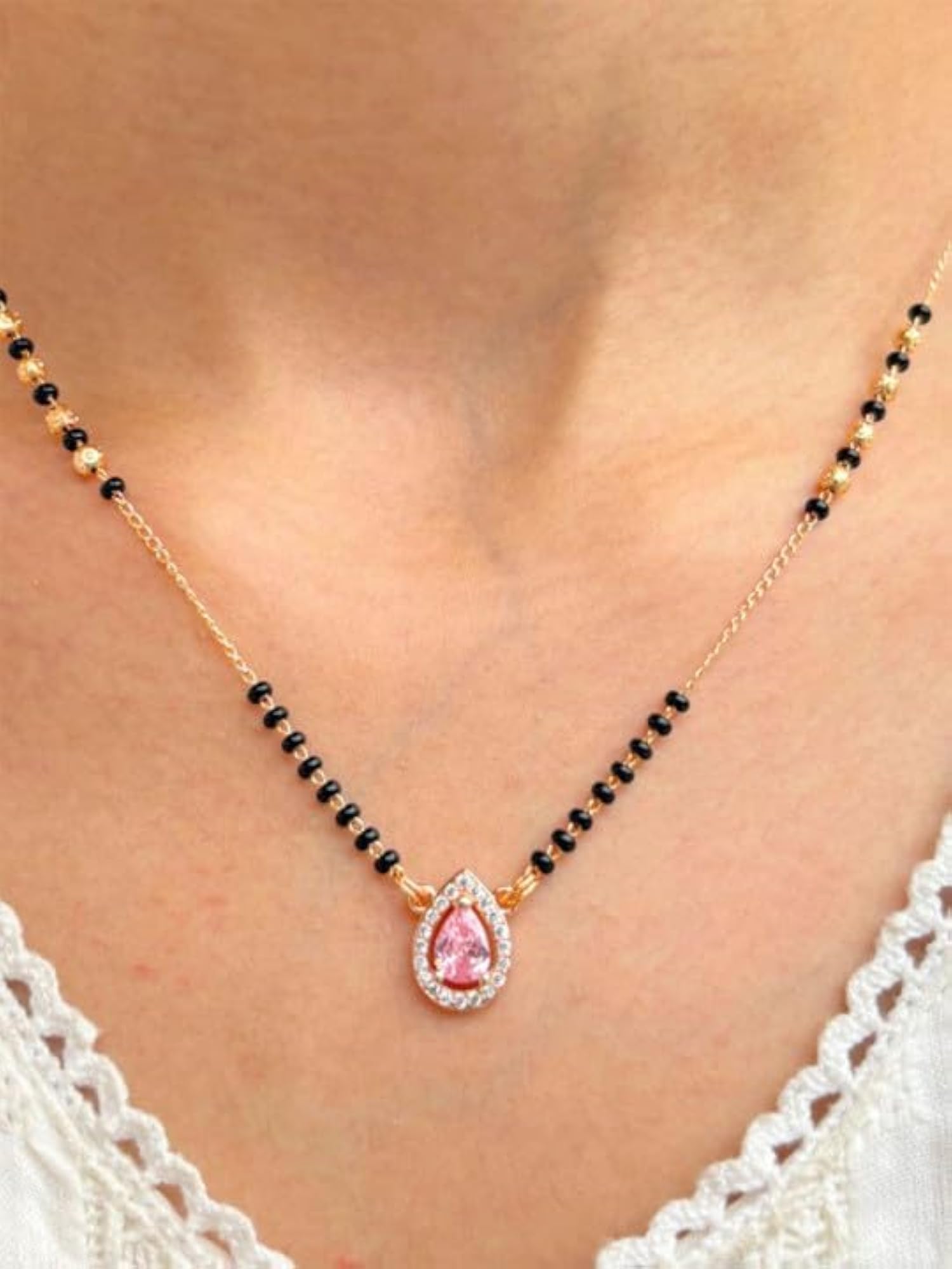 Gold Plated Nayra Pink Mangalsutra with Artificial Stones
