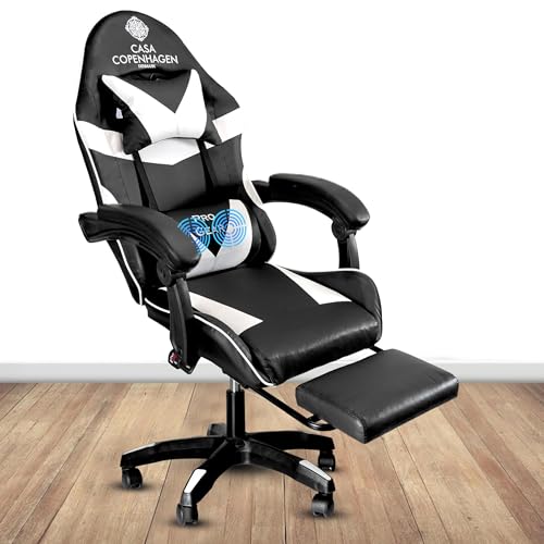 Image of Casa Copenhagen Designed in Denmark,High-Back Italian Leather Gaming Ergonomic Chair with Advanced Mechanism & Electric Back Massager, Memory Foam Seating & Multi Function Arm-Rest - White & Black