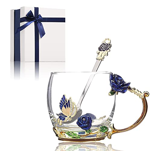 Vos Risus Glass Coffee Mug Enamels Butterfly Rose Lead-Free Handmade Tea Cup With Steel Spoon Birthday Present Mothers Day Valentines Day Thanksgiving Christmas Gifts (Blue Short) #TOP28