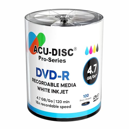 ACU-DISC Pro-Series DVD-R Blank 16x 4.7GB 120 Mins Full Face Brilliant White Inkjet Printable Blank Discs Shrink Wrap 17615 - 100 Pack