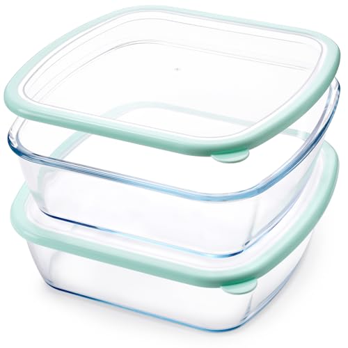 NUTRIUPS 9 x 9 Glass Baking Dish with Lid 2 Pack Square Baking Pan Glass Casserole Dish for Oven Dishwasher Safe Baking Pan for Lasagna Risotto (Green 2 Pack 2.6L)