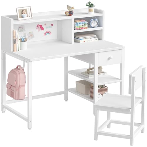 White Kids Desk and Chair Set for 6-12 Year Old, Children Study Desk with Hutch and Storage Shelf, Student Writing Table with Fabric Drawer for Girls...
