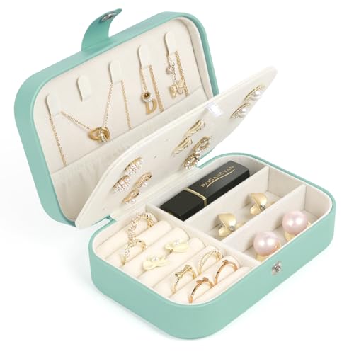 Travel Jewelry Box, Small Jewelry Organizer Boxes for Women Girls, 2 Layer Travel Jewlery Case, PU Leather Mini Portable Jewerly Storage Display Holder for Earrings, Ring, Necklaces, Bracelets - Green