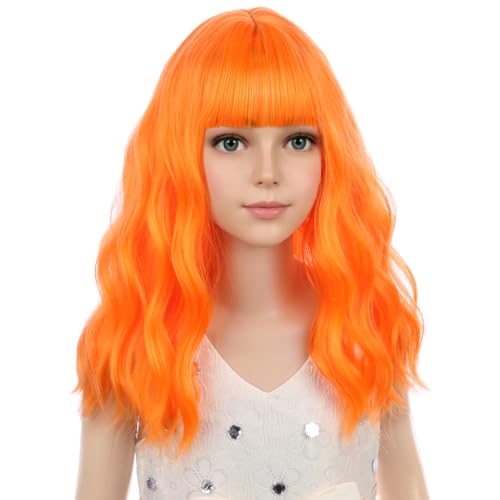 Image of PATTNIUM Kids Bright Orange Wig with Bangs Girls Short Curly Wavy Orange Bob Wigs Synthetic Wigs for Children Cosplay Costume Party