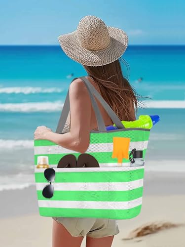 Beach Bags Women Mesh Tote Bag Modern Green White Stripe Toy Grocery Pool Bag with Pockets for Travel/Picnic/Shower3