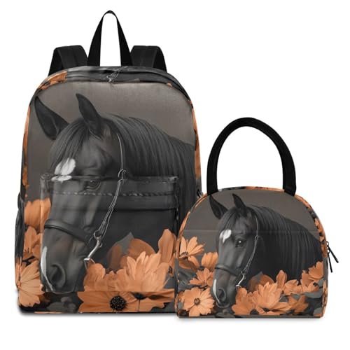 Horse with Floral Print Backpack Set with Lunch Bag, Large Capacity Travel Backpacks and Lunch Box Insulated for Commute Hiking Picnic
