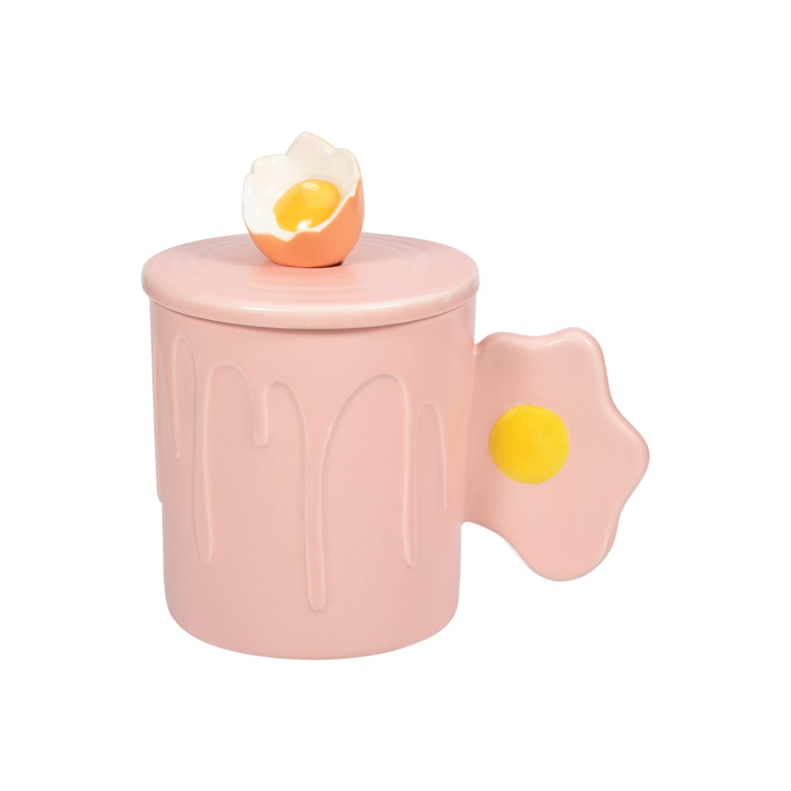 KASTWAVE Ceramic Coffee Mug, Creative Egg Shell Mug with Lid Spoon for Office and Home, Dishwasher and Microwave Safe, 360 ml for Latte Tea Milk (Pink)
